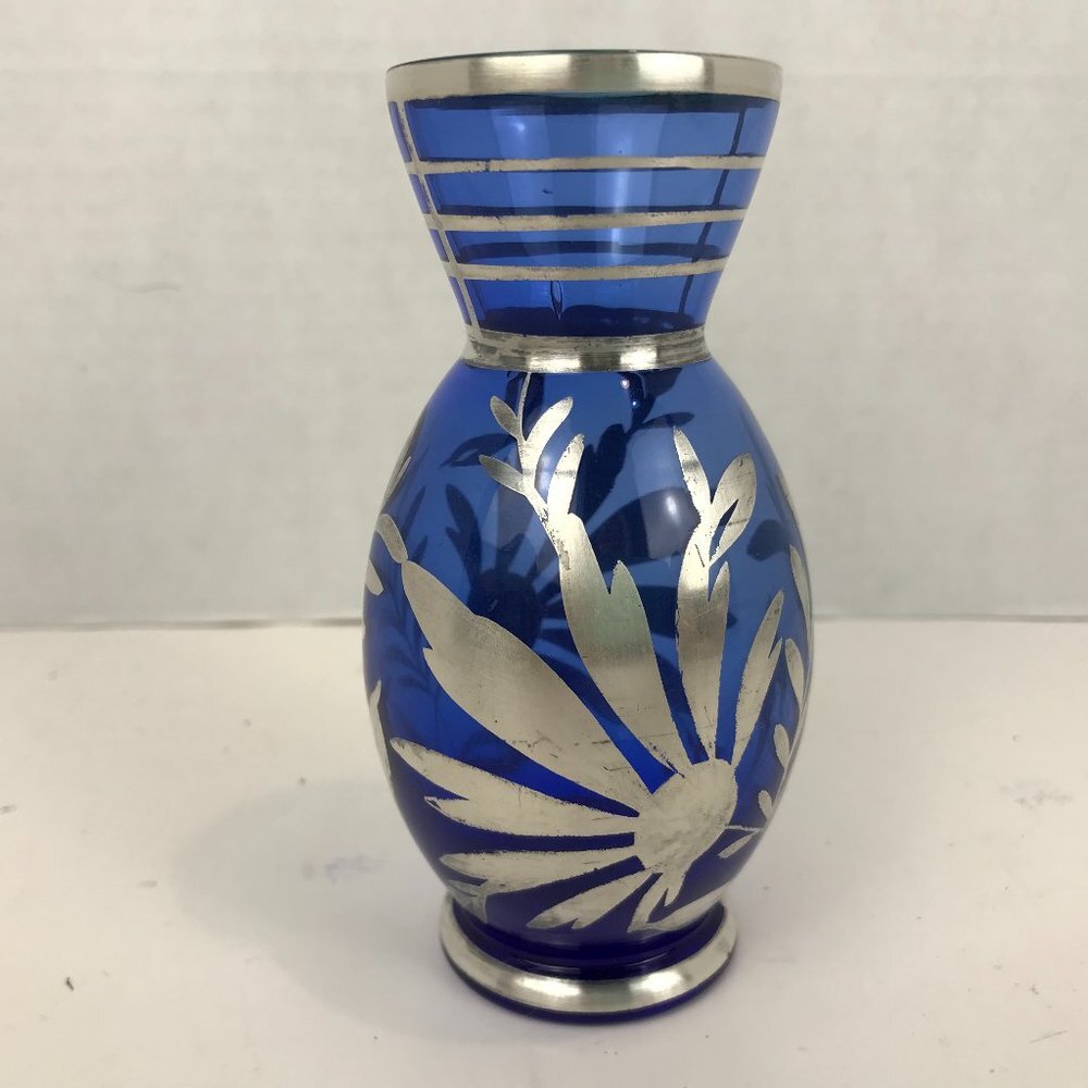Cobalt blue glass vase with silver overlay, made in Italy